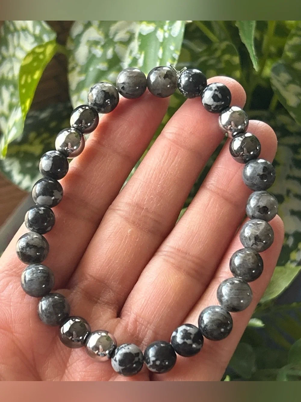 Snowflake Obsidian Larvikite and Hematite Bead Stretch Bracelet - Gray